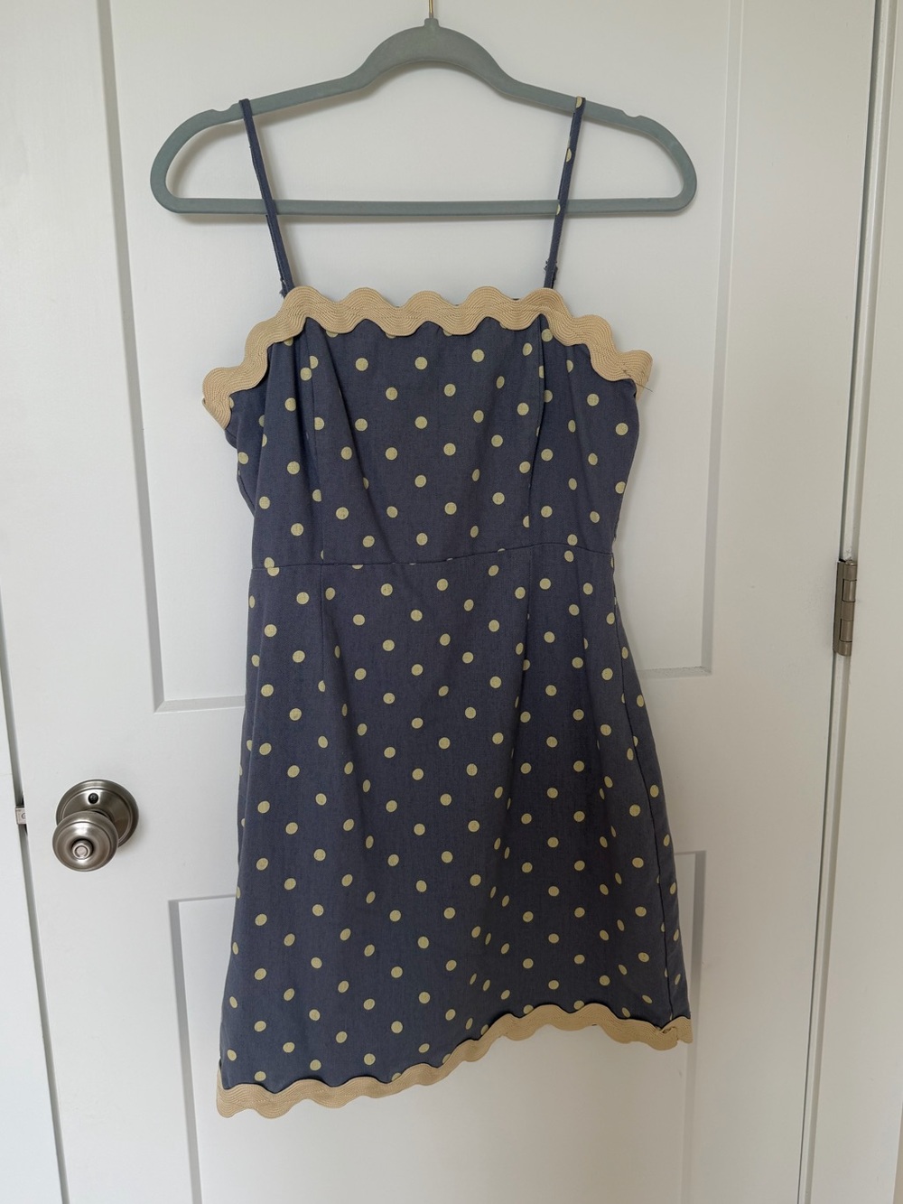 Love, Wednesday Blue Polka Dot Ric Rac Trim Mini Dress Size Small